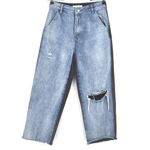 Pacsun 90s Jogger Jeans Size 26 Women Blue Black Colorblock Distressed High Rise - Picture 1 of 8
